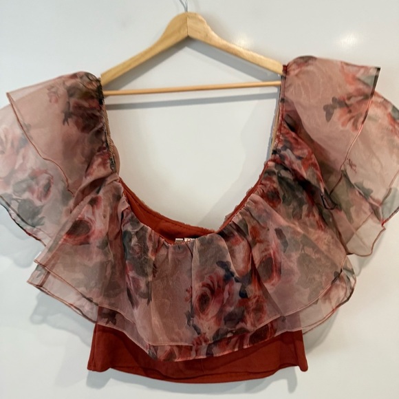 Anthropologie DOLAN Tiered Organza Floral Chiffon Off-Shoulder Top - Picture 10 of 12